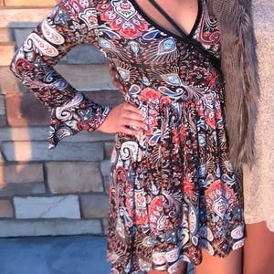 Printed Long Sleeve Wrap Dress